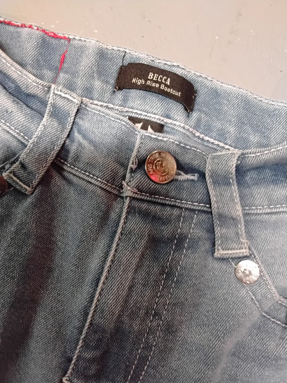 True Relegon BECCA Light Blue High Ries Boot Cut Cargo Jeans